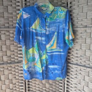 Vtg 90s Sailboat Print Rayon Short‎ Sleeve Button Up Shirt Blue Sz L Made in USA